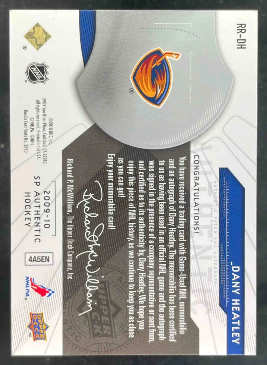 2009-10 SP Authentic Rookie Review Auto Patches #RR-DH Dany Heatley Auto /25 - Image 2