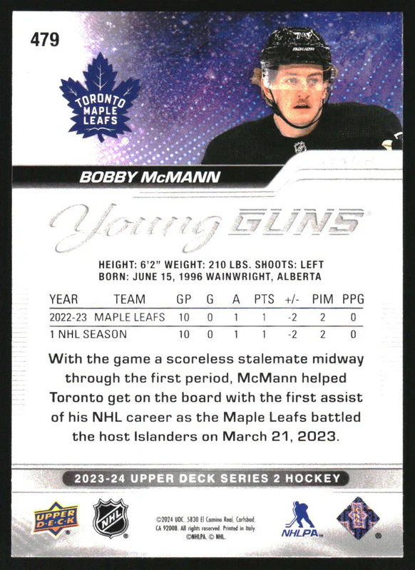 2023-24 Upper Deck #479 Bobby McMann Young Guns RC Rookie - Image 2