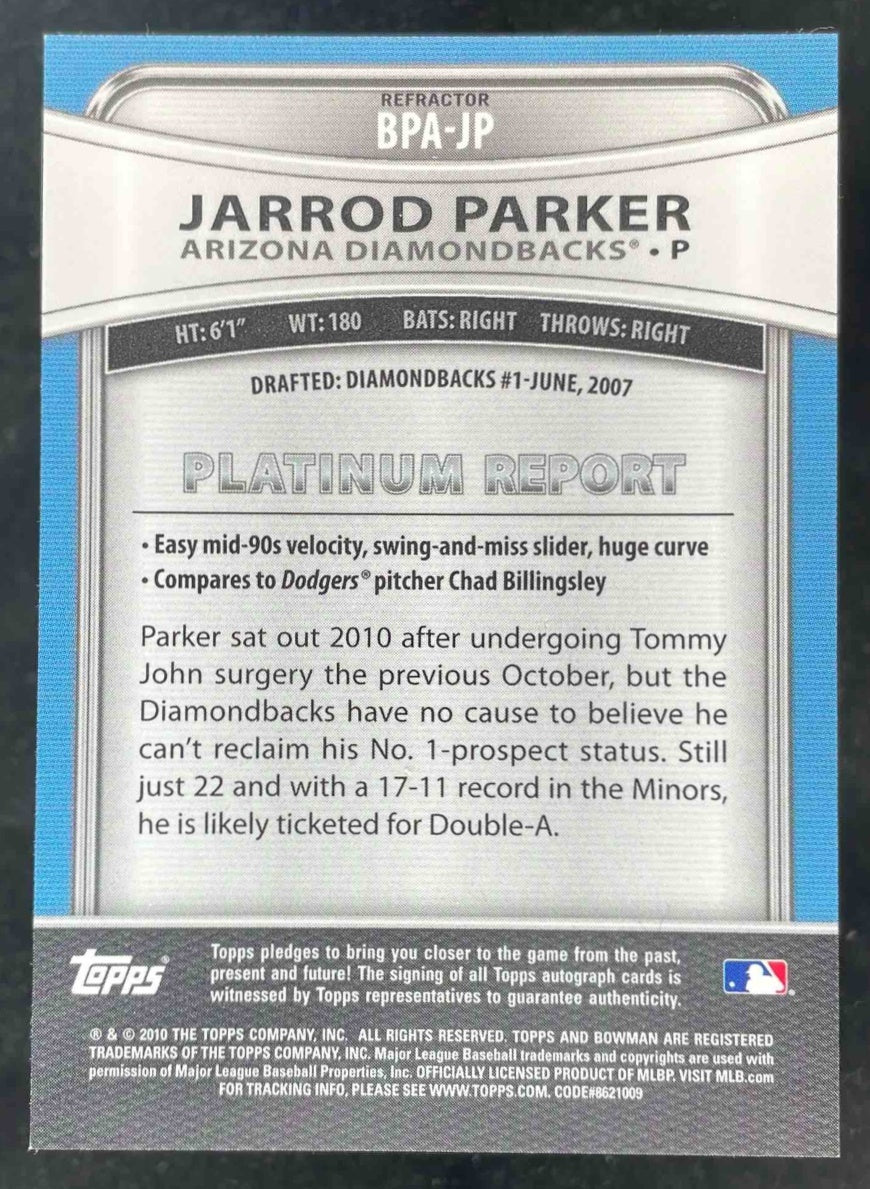 2010 Bowman Platinum Prospect Autographs Refractors #BPA-JP Jarrod Parker Auto - Image 2