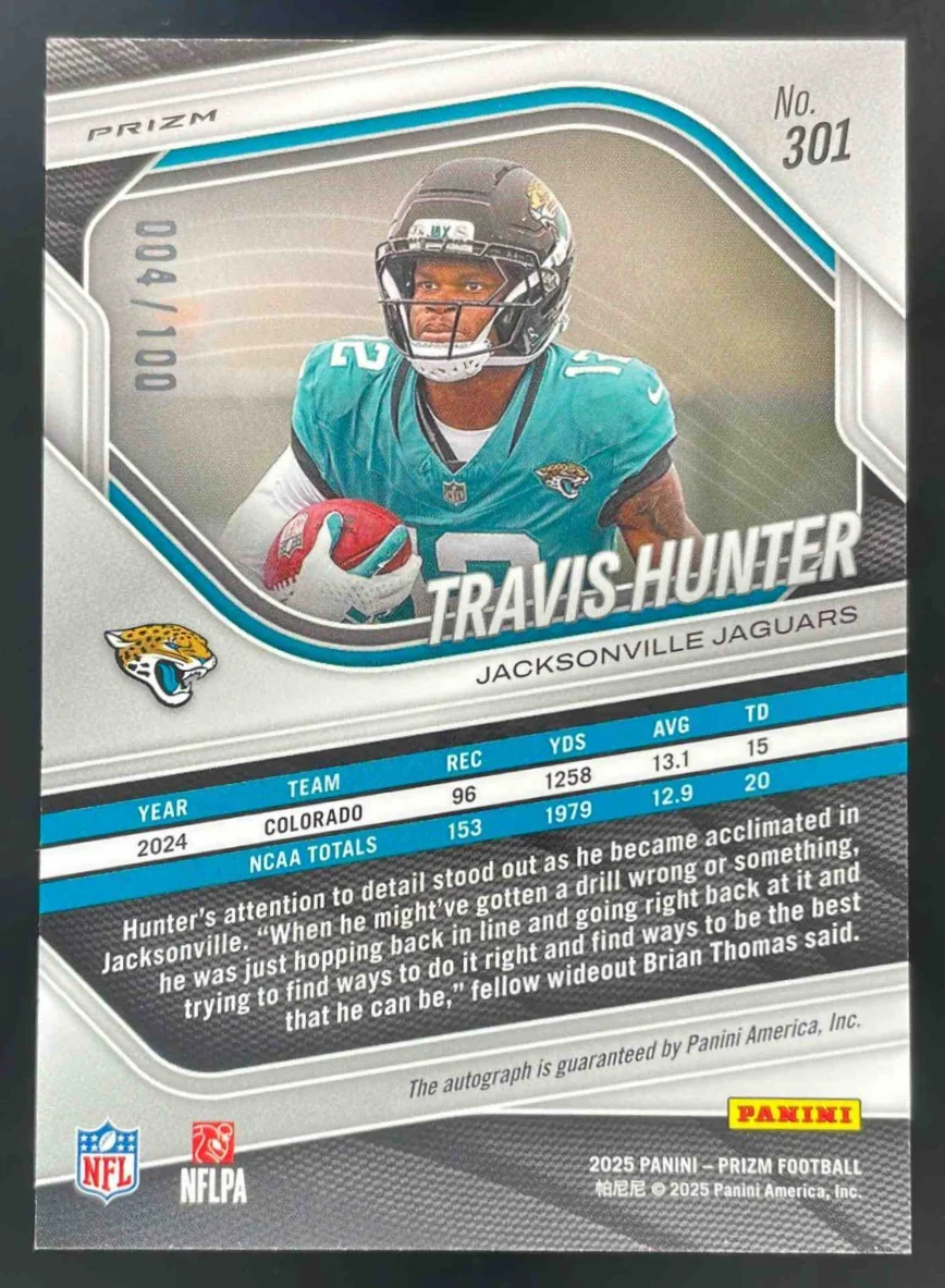2025 Panini Prizm Rookie Choice Autographs #301 Travis Hunter RC Auto /100 - Image 2