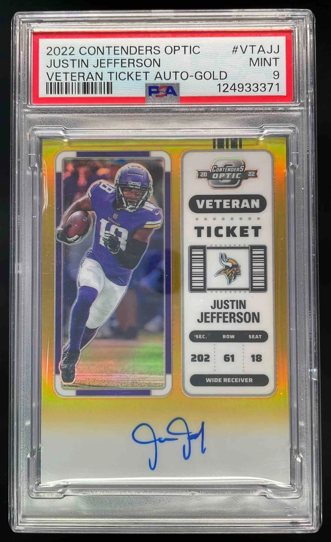 2022 Contenders Optic Veteran Ticket Gold #VTAJJ Justin Jefferson Auto /10 PSA 9