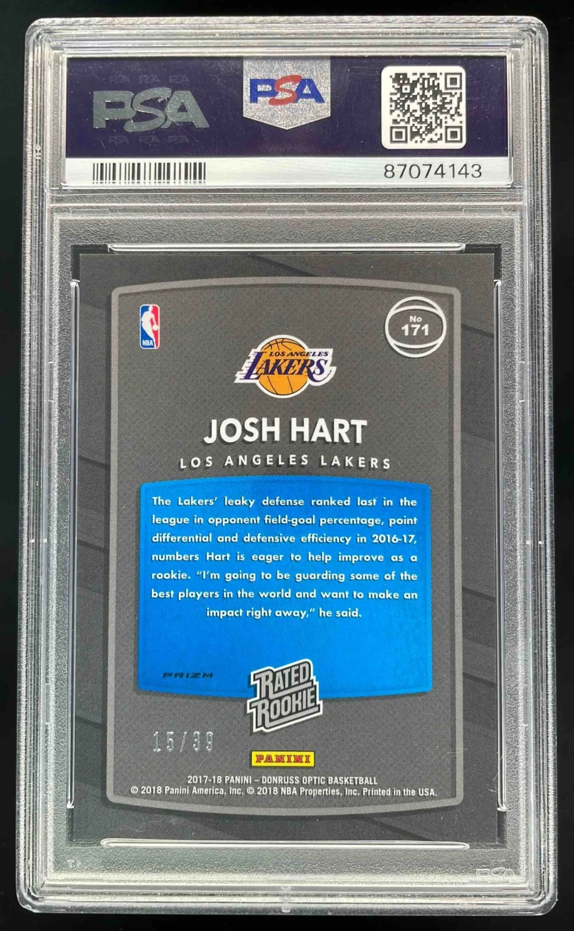 2017-18 Panini Donruss Optic Black Velocity #171 Josh Hart RC /39 PSA 10 - Image 2