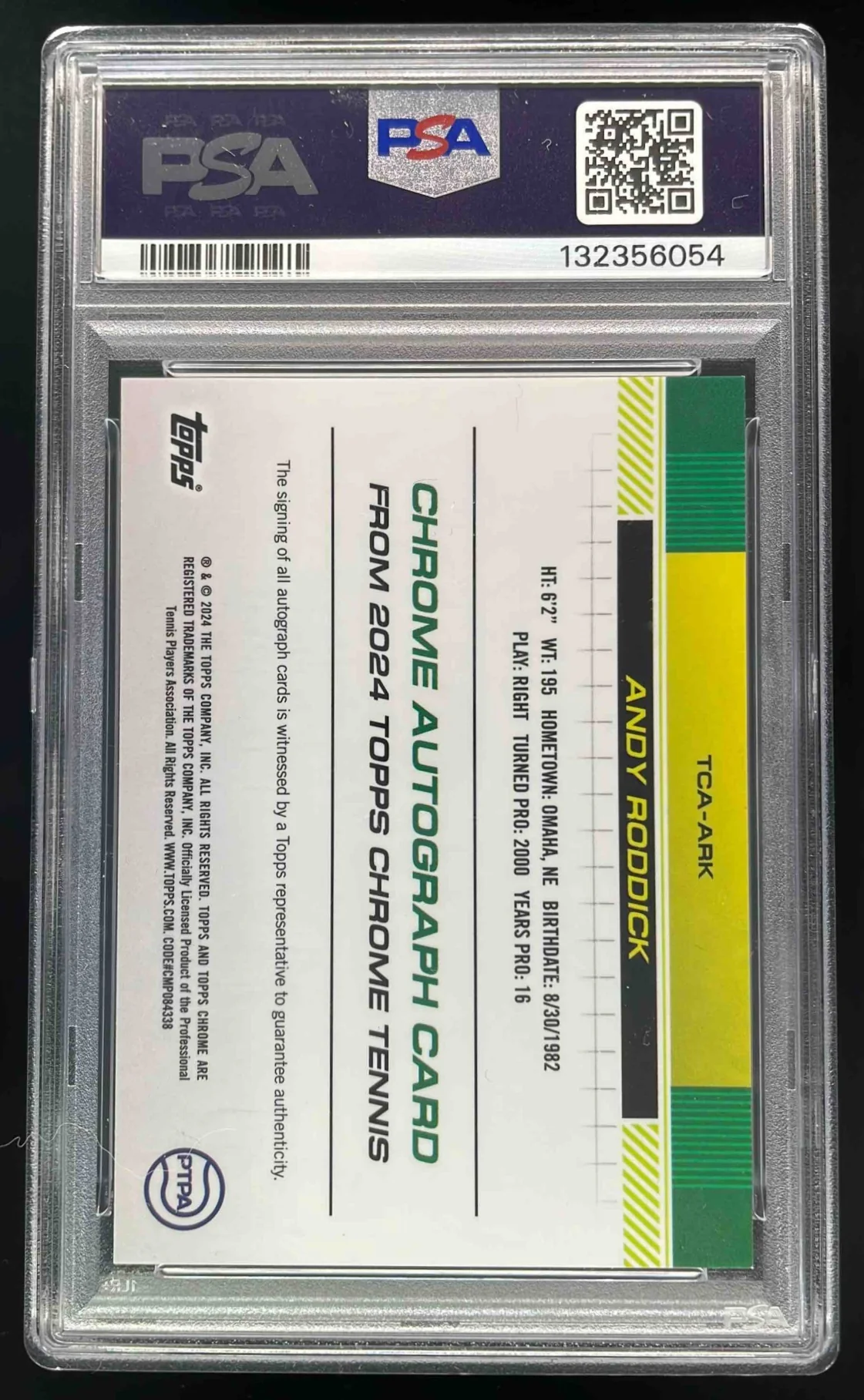 2024 Topps Chrome Sapphire Orange #TCA-ARK Andy Roddick Auto /25 PSA 10 - Image 2