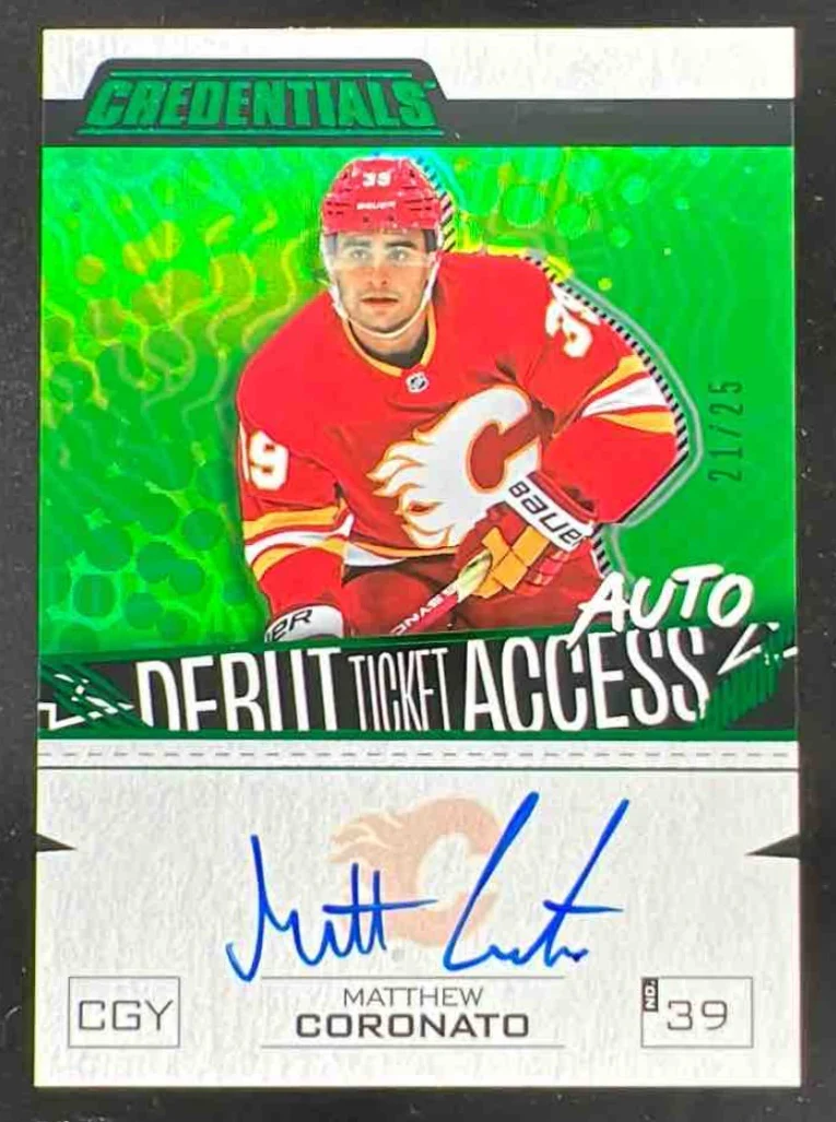 2023-24 Upper Deck Credentials Ticket Access Green Matthew Coronato RC Auto /25