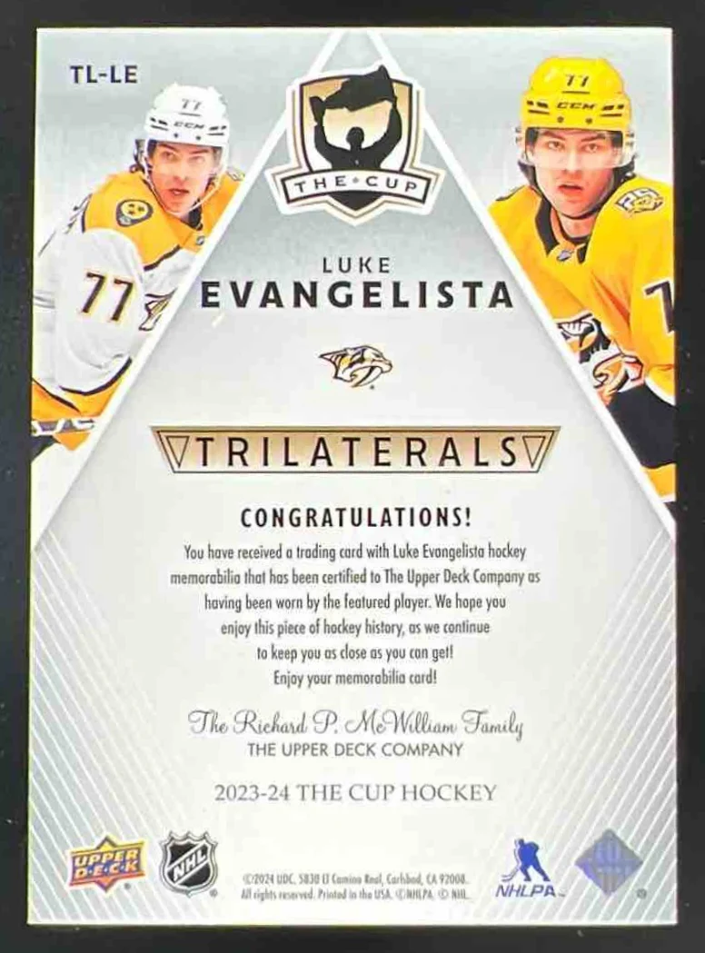 2023-24 Upper Deck The Cup Trilaterals Jersey #TL-LE Luke Evangelista /33 - Image 2