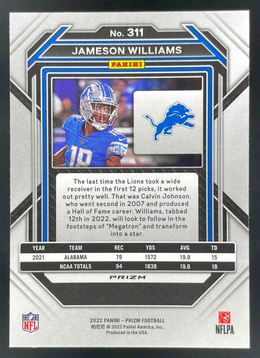 2022 Panini Prizm Silver #311 Jameson Williams RC - Image 2