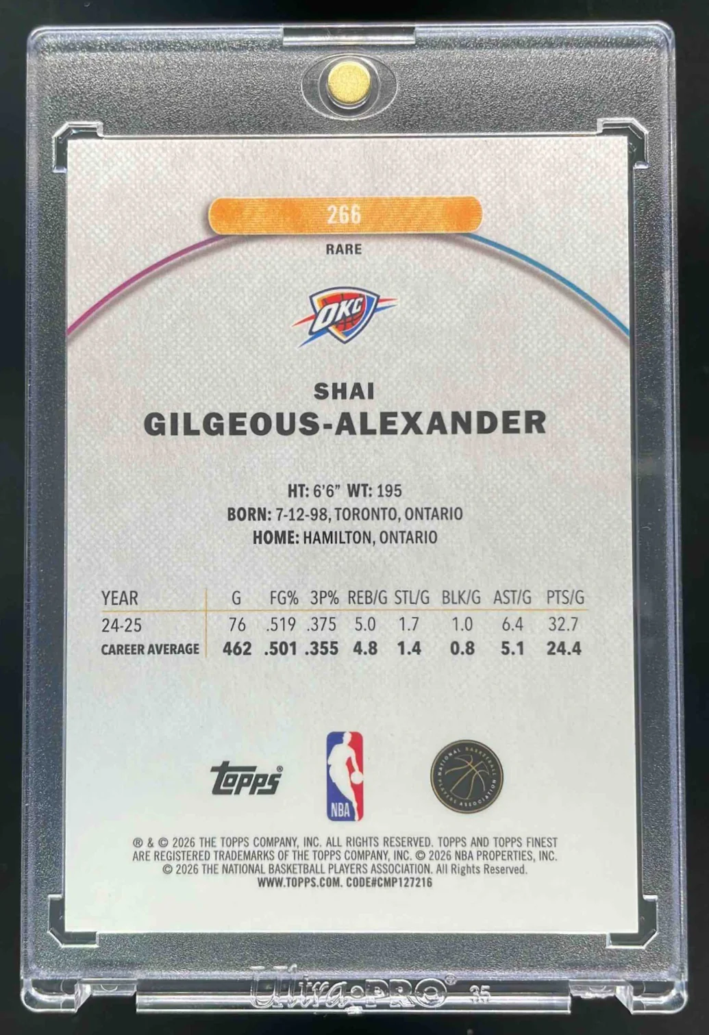 2025-26 Topps Finest Rare Orange Refractor #266 Shai Gilgeous-Alexander /15 - Image 2
