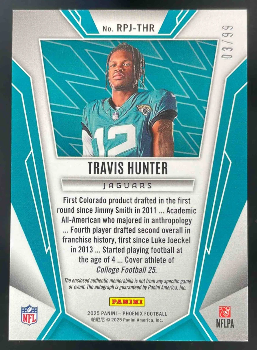 2025 Panini Phoenix Rookie Phenoms Jersey Red #18 Travis Hunter RC Auto /99 - Image 2