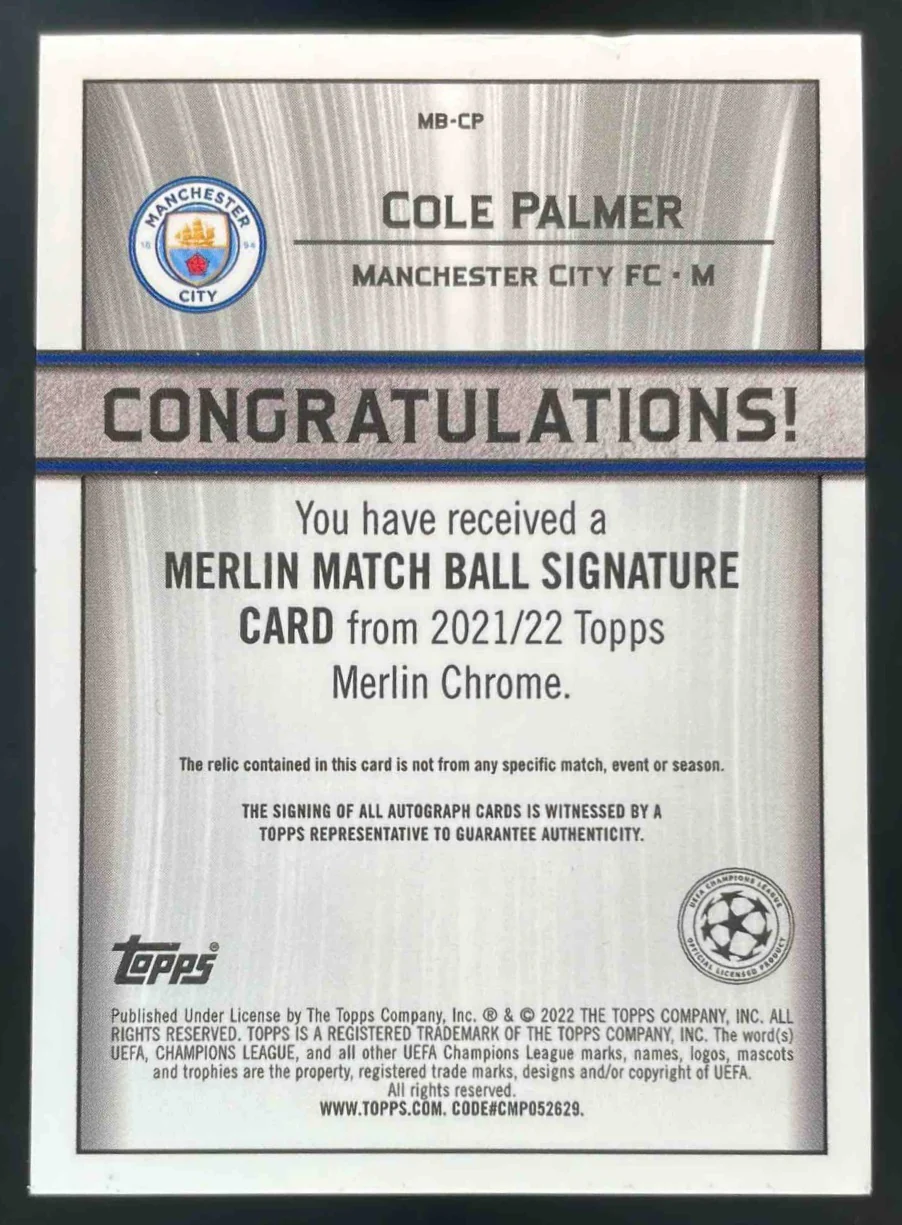 2021-22 Topps Merlin Chrome Match Ball Signatures #MB-CP Cole Palmer Auto - Image 2