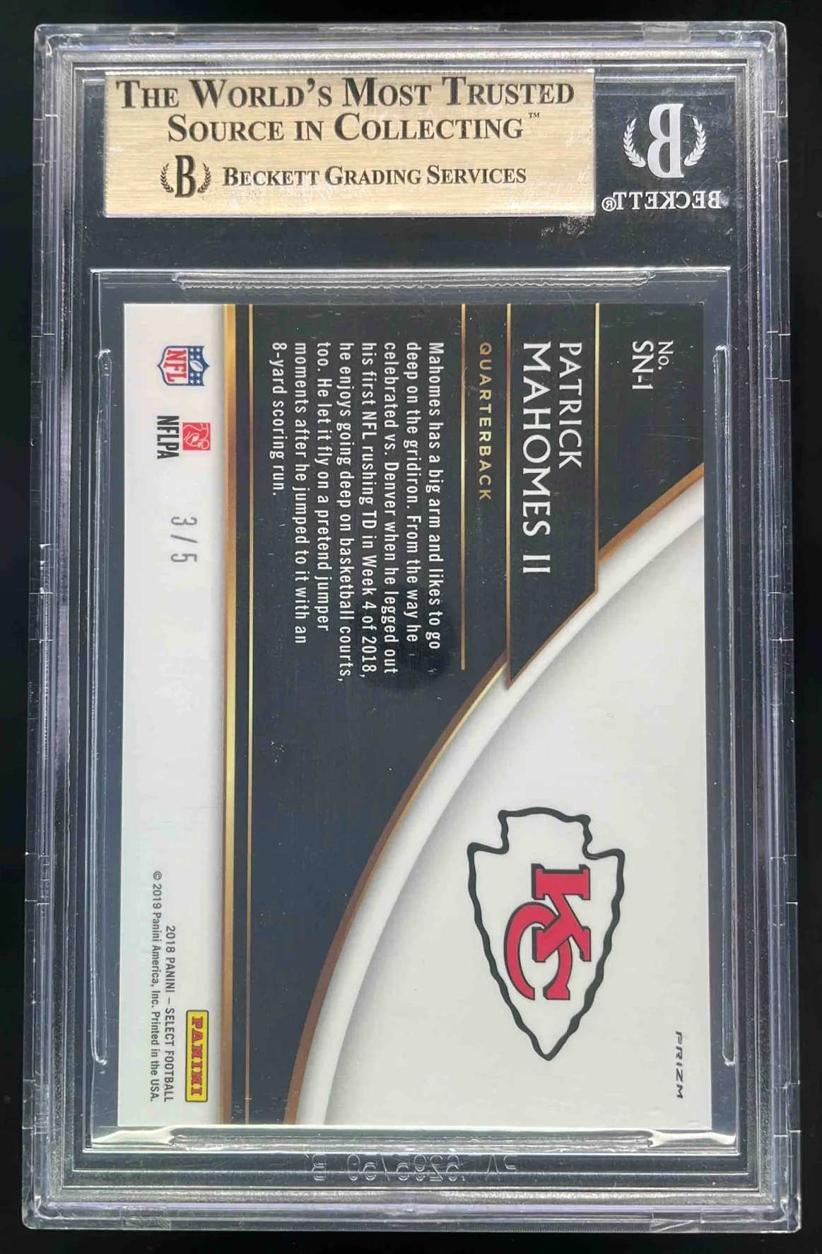 2018 Panini Select Snapshots Green Prizm #SN-1 Patrick Mahomes II /5 BGS 9.5 - Image 2