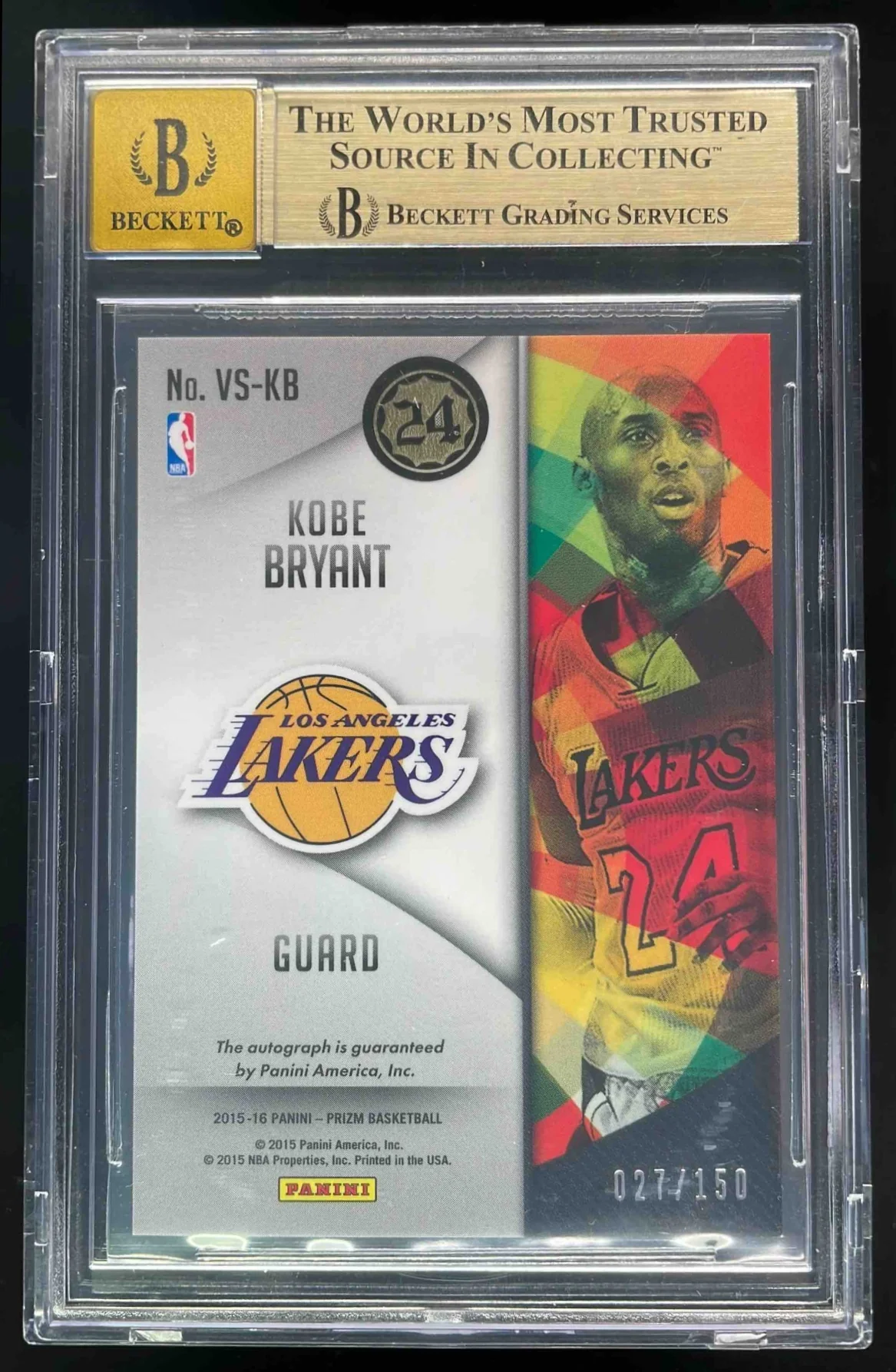 2015-16 Panini Prizm Veteran Signatures #VS-KB Kobe Bryant Auto /150 BGS 9.5 - Image 2
