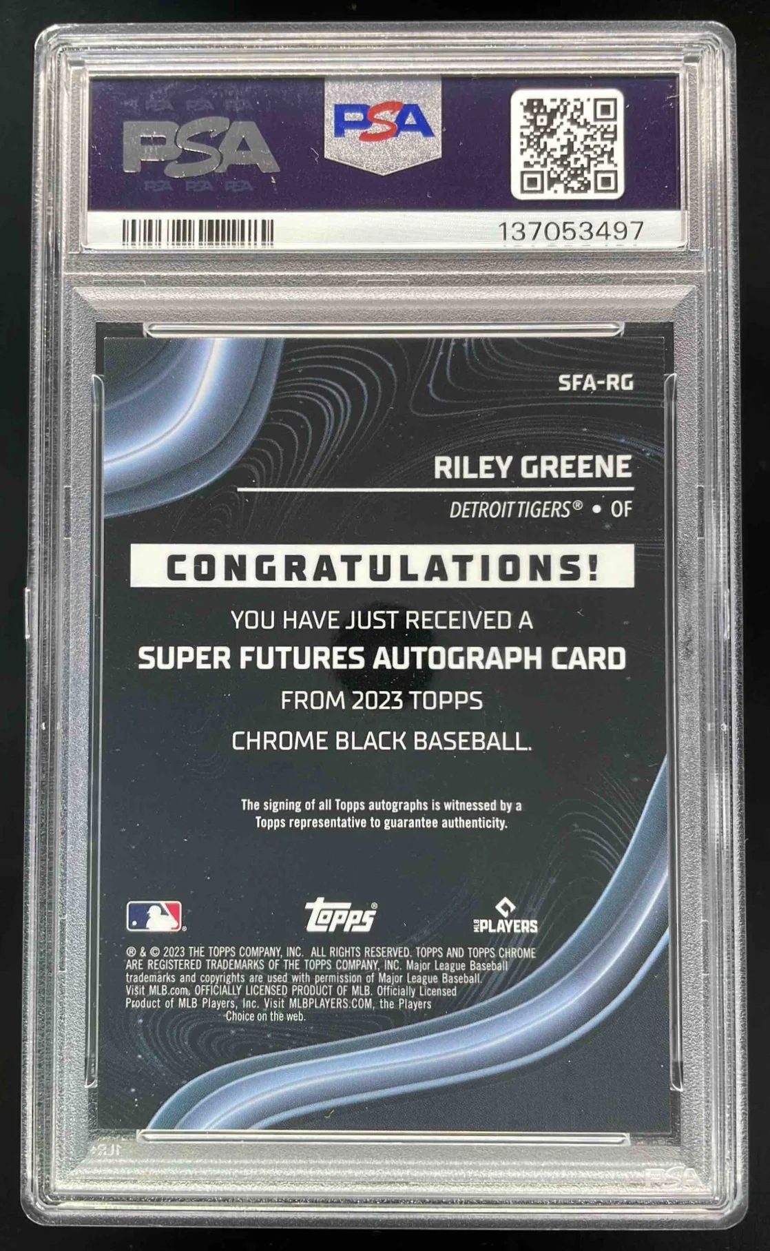 2023 Topps Chrome Black Super Futures #SFA-RG Riley Greene RC Auto /99 PSA 10 - Image 2