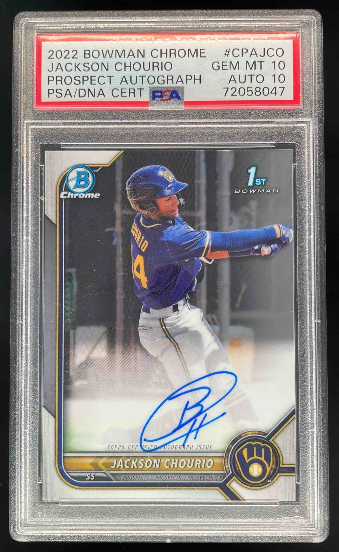 2022 Bowman Chrome Prospect Autographs #CPA-JCO Jackson Chourio RC Auto PSA 10
