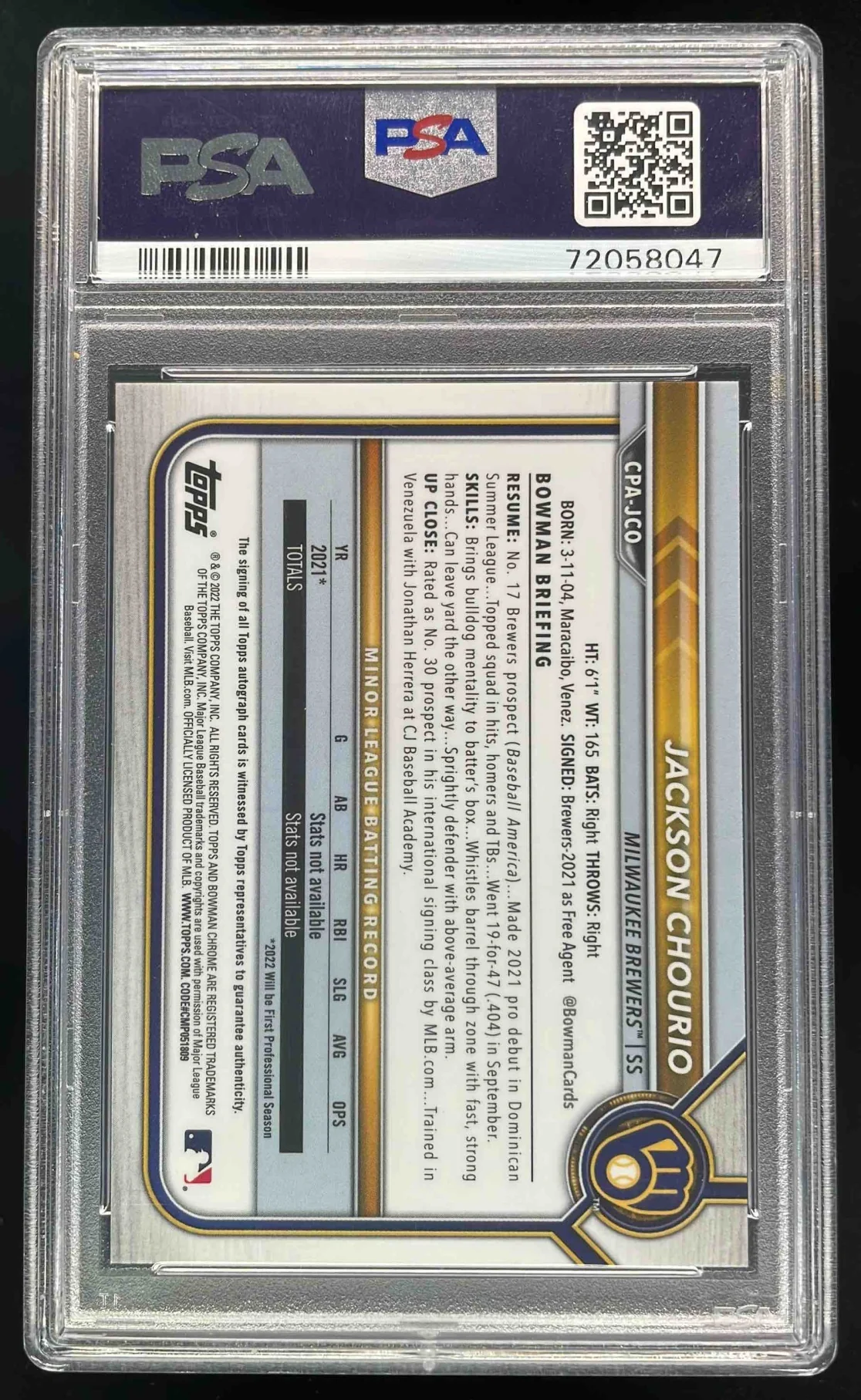 2022 Bowman Chrome Prospect Autographs #CPA-JCO Jackson Chourio RC Auto PSA 10 - Image 2