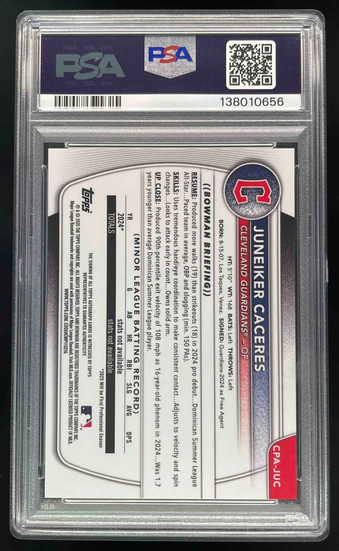 2025 Bowman Chrome Gold Refractor #CPA-JUC Juneiker Caceres RC Auto /50 PSA 10 - Image 2