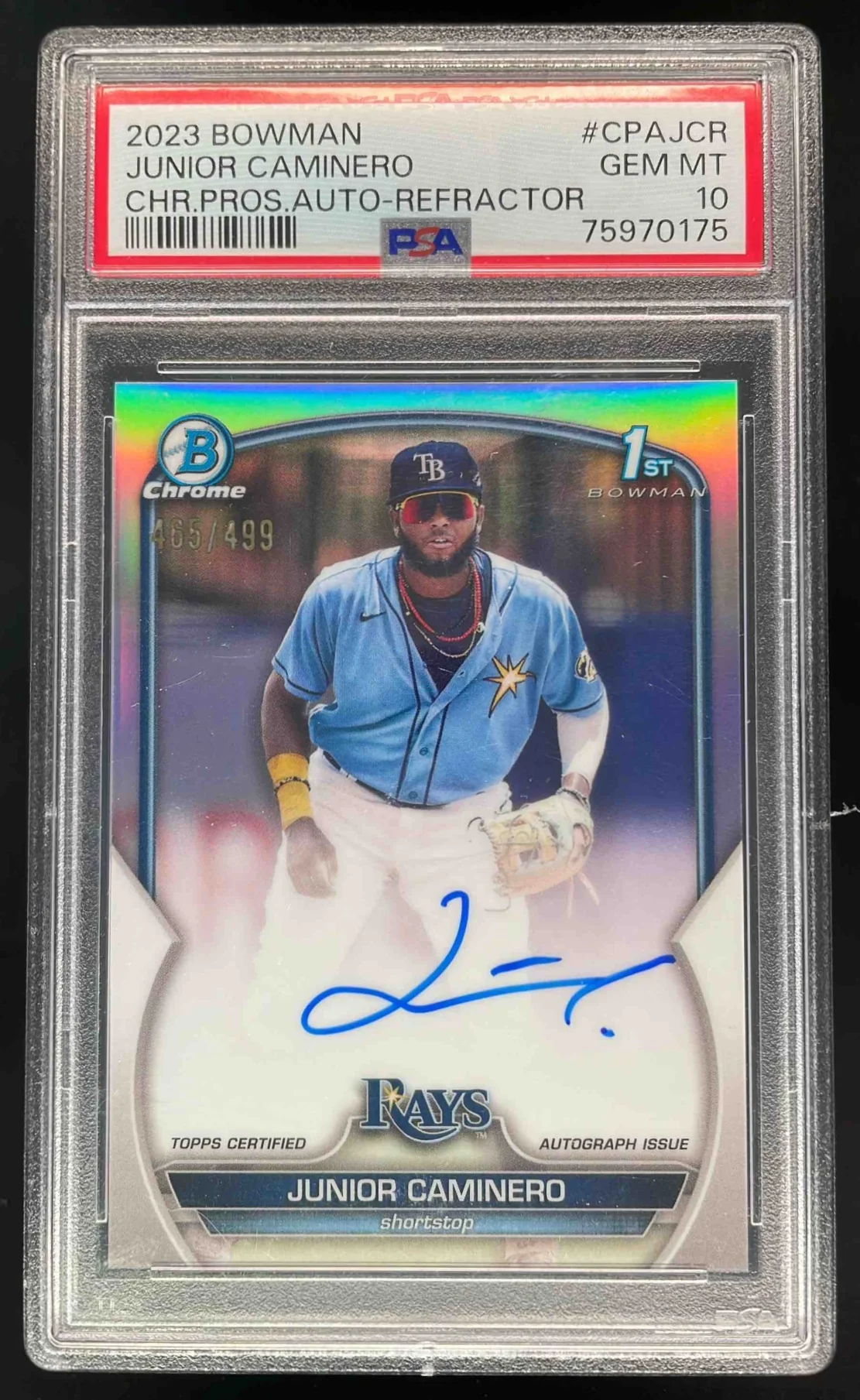 2023 Bowman Chrome Prospect Refractor #JCR Junior Caminero RC Auto /499 PSA 10