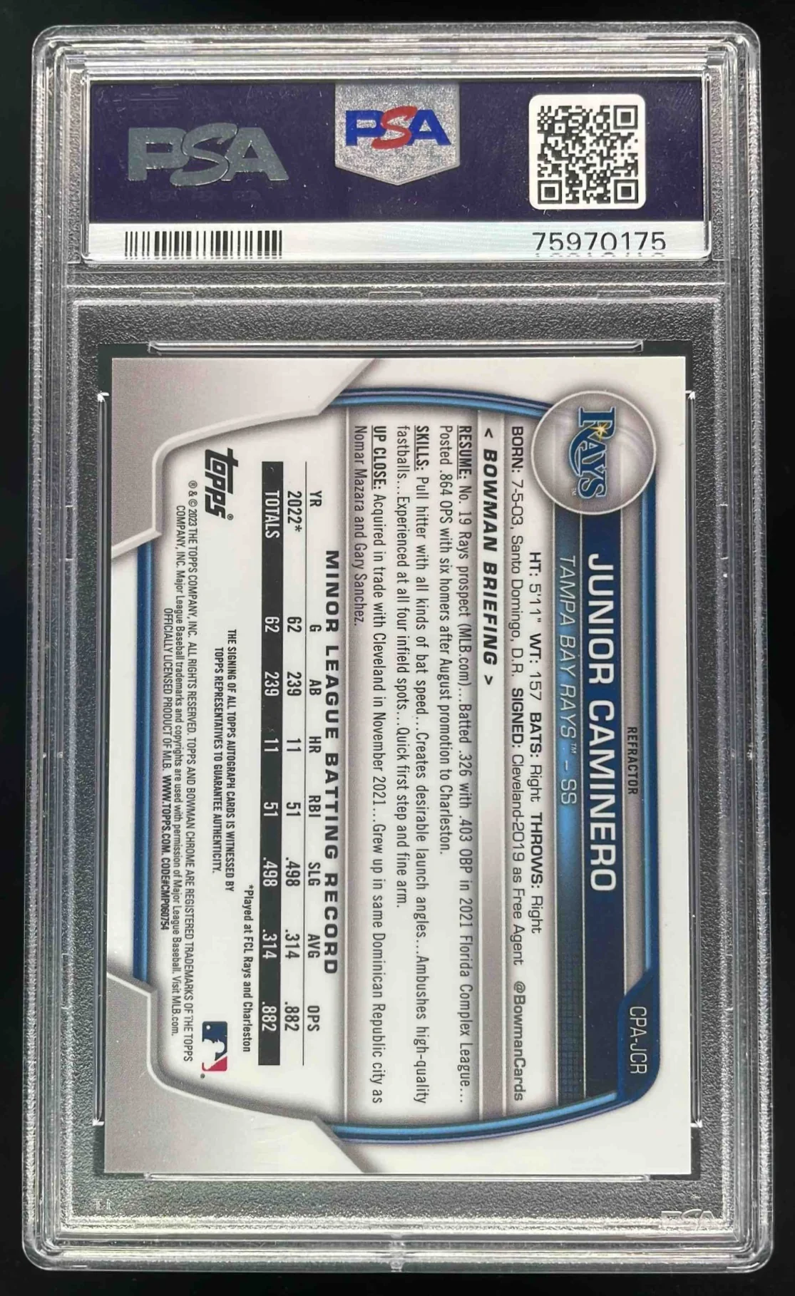 2023 Bowman Chrome Prospect Refractor #JCR Junior Caminero RC Auto /499 PSA 10 - Image 2