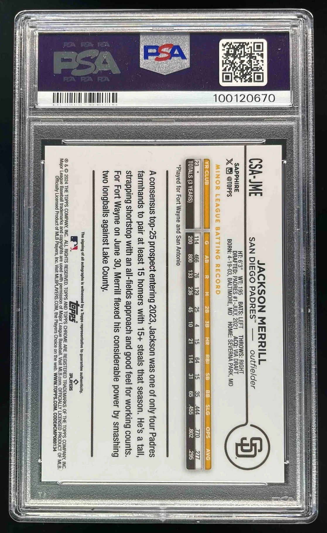 2024 Topps Chrome Sapphire Orange #CSA-JME Jackson Merrill RC Auto /25 PSA 10 - Image 2