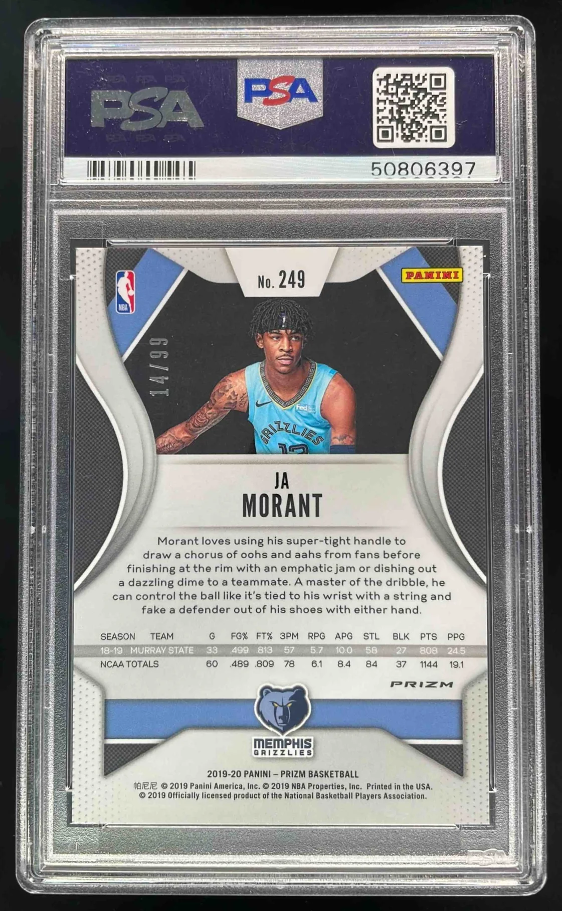 2019-20 Panini Prizm Prizms Blue Ice #249 Ja Morant RC /99 PSA 9 - Image 2