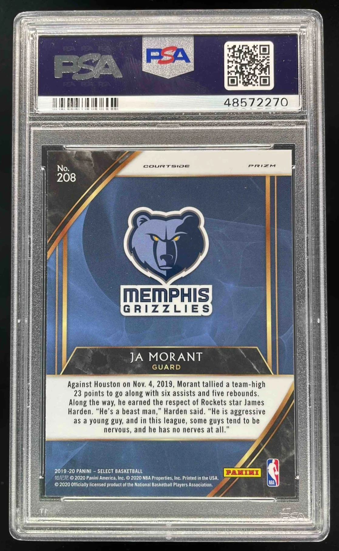 2019-20 Panini Select Silver Prizms #208 Ja Morant RC Courtside PSA 10 - Image 2