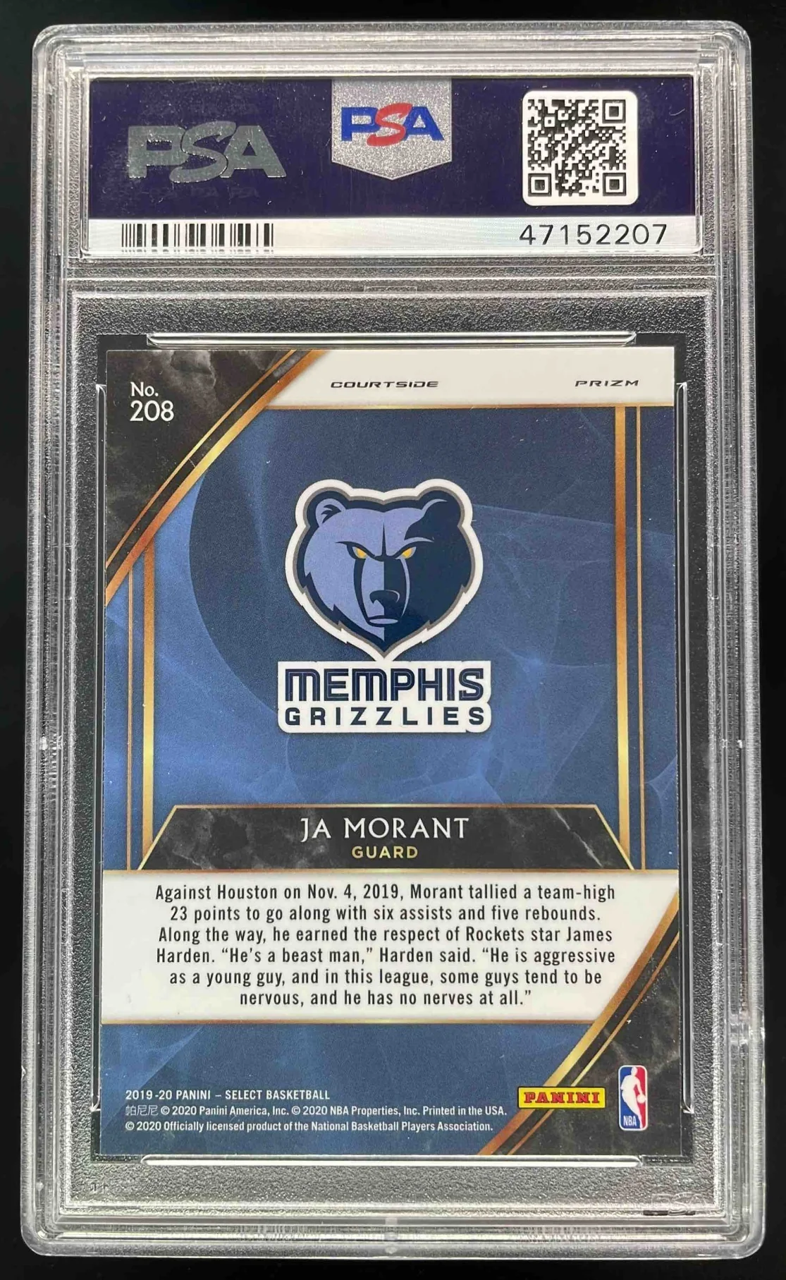 2019-20 Panini Select Silver Prizms #208 Ja Morant RC Courtside PSA 10 - Image 2
