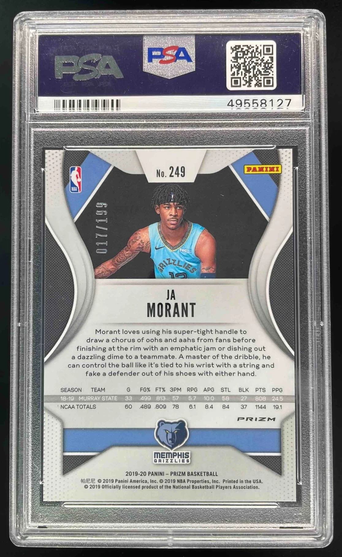 2019-20 Panini Prizm Prizms Blue #249 Ja Morant RC /199 PSA 10 - Image 2