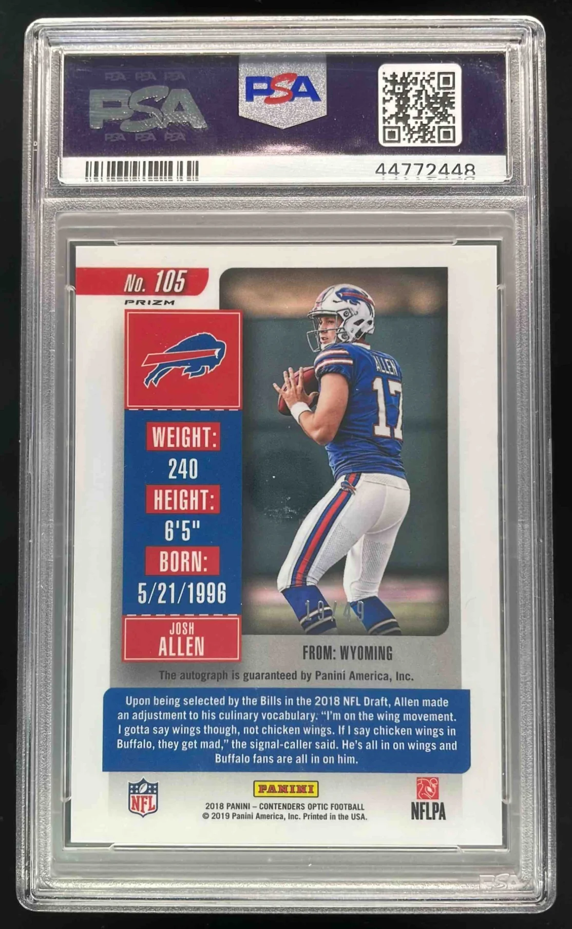 2018 Panini Contenders Optic Purple #105 Josh Allen Rookie RC Auto /49 PSA 10 - Image 2