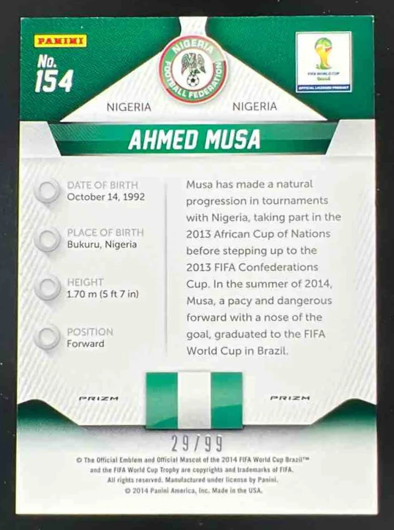 2014 Panini Prizm FIFA World Cup Brazil Prizms Purple #154 Ahmed Musa /99 - Image 2