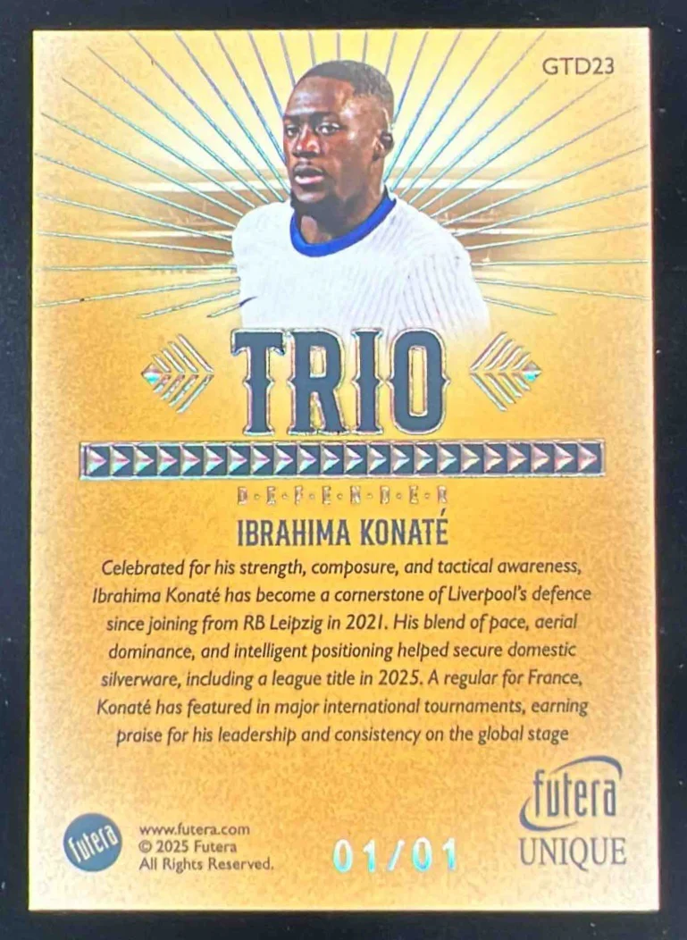 2025 Futera Unique Trio Gold Frame #GTD23 Ibrahima Konate 1/1 - Image 2