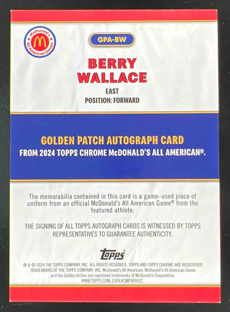 2024 Topps Chrome McDonald's Golden Patch Tie-Dye Berry Wallace Auto /25 - Image 2