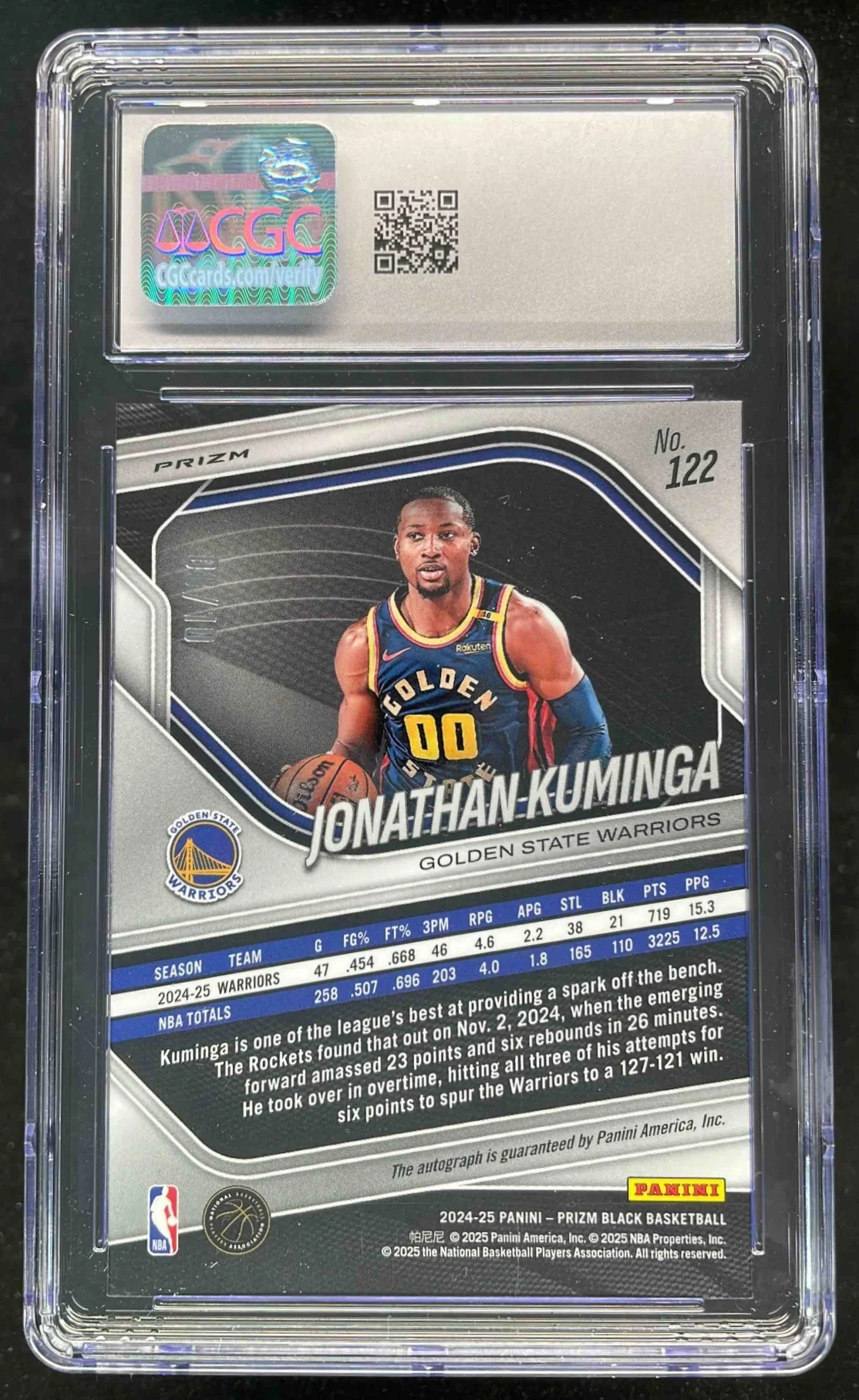 2024 Panini Prizm Black Gold Shimmer FOTL #122 Jonathan Kuminga Auto /10 CGC 10 - Image 2