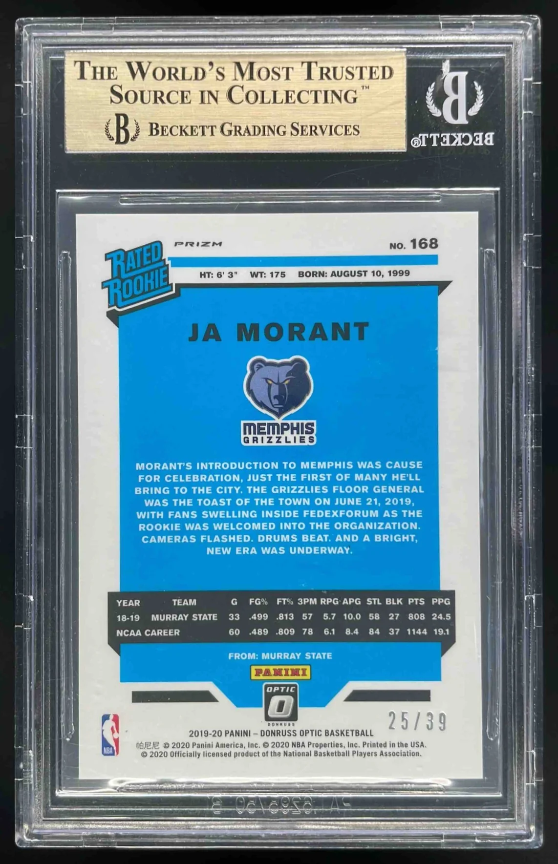2019-20 Panini Donruss Optic Black Velocity #168 Ja Morant RC /39 BGS 10 - Image 2