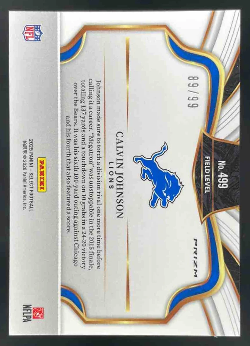 2025 Panini Select Field Level Tri-Color Prizm #499 Calvin Johnson /99 - Image 2