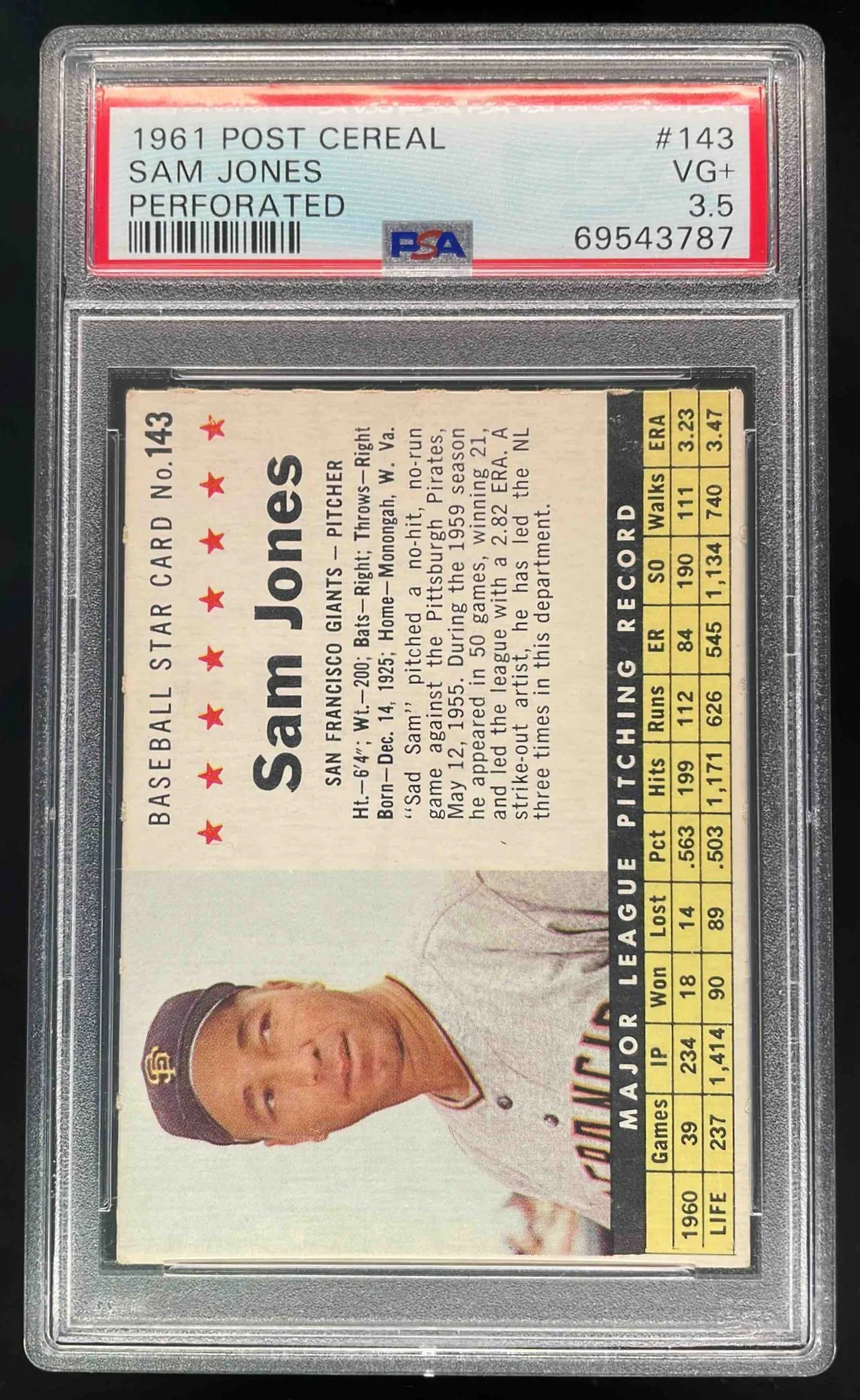 1961 Post Perforated #143 Sam Jones PSA 3.5