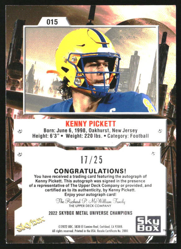 2022 Skybox Metal Universe Champions Autographs Gold #15 Kenny Pickett Auto /25 - Image 2