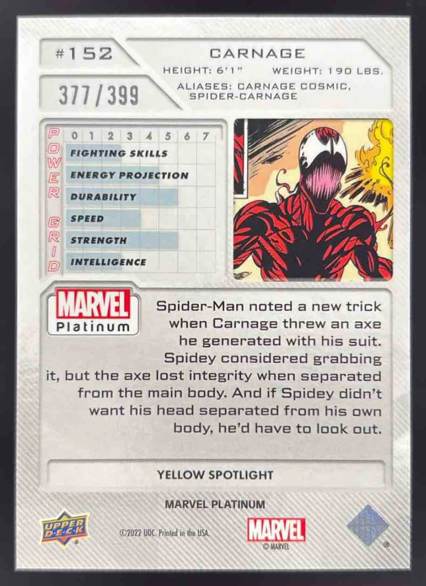 2023 Upper Deck Marvel Platinum Yellow Spotlight #152 Carnage /399 - Image 2