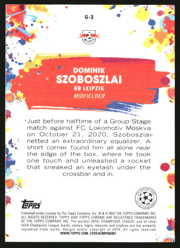 2021-22 Topps Chrome UEFA Champions League Golazo Gold Lava Dominik Szoboszlai - Image 2