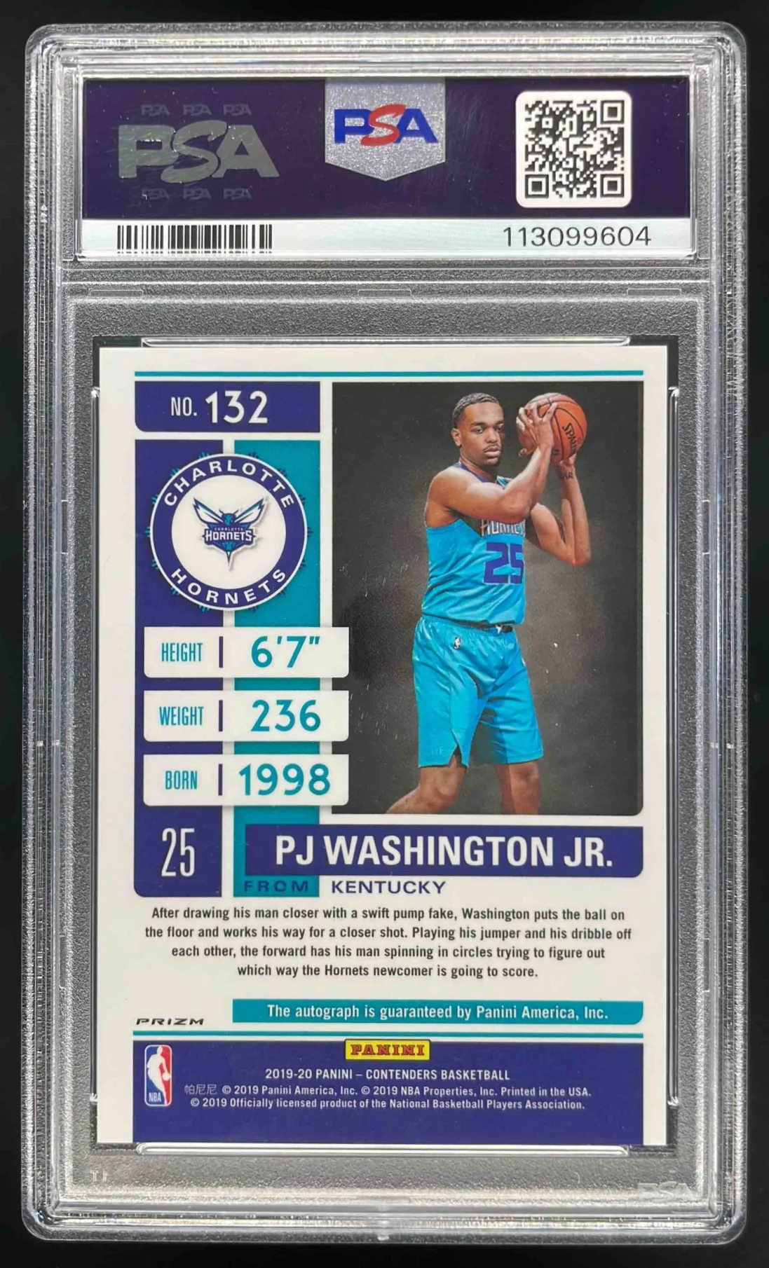 2019 Contenders Rookie Season Ticket Premium PJ Washington Jr. RC Auto PSA 10 - Image 2