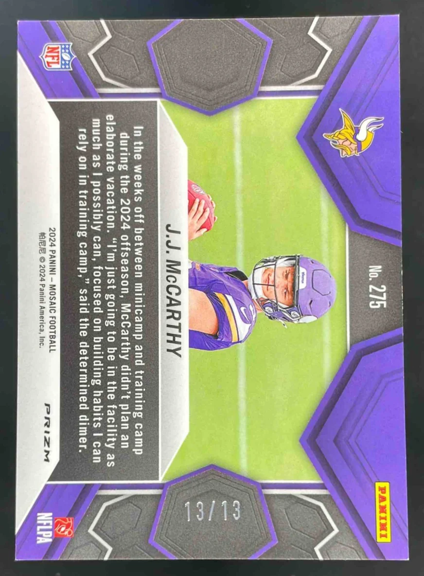 2024 Panini Mosaic Green Swirl Prizm #275 J.J. McCarthy RC NFL Debut /13 - Image 2