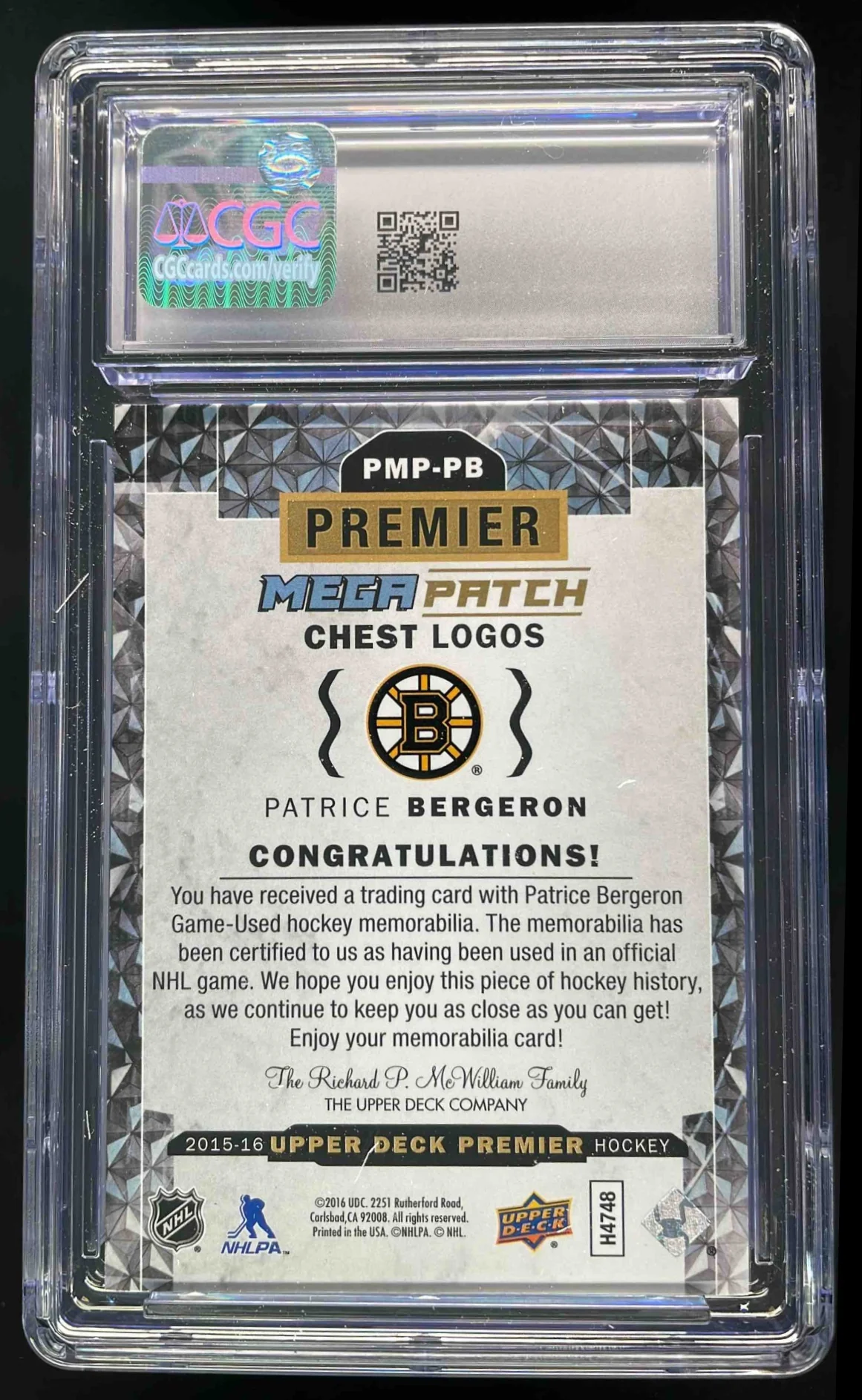 2015 Upper Deck Premier Mega Patch Chest Logo Patrice Bergeron /50 CGC 10 - Image 2