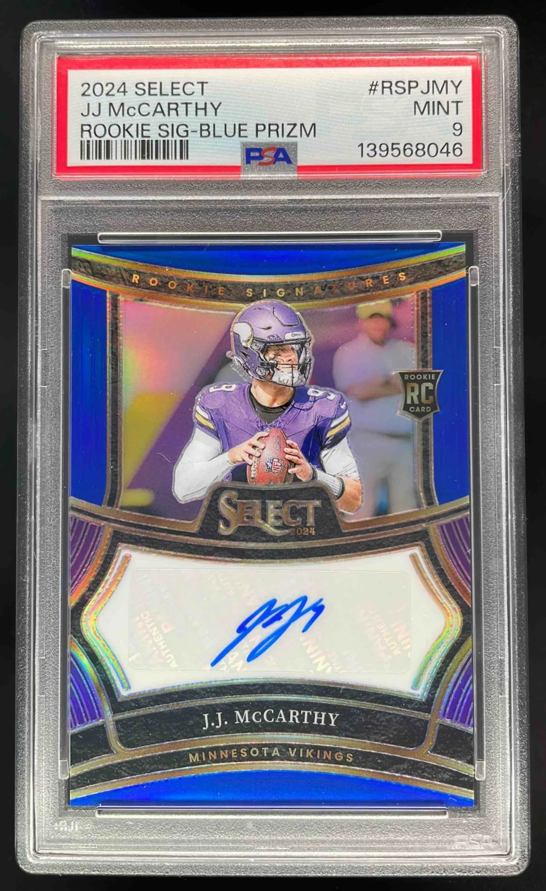 2024 Panini Select Rookie Blue Prizm #RSP-JMY J.J. McCarthy RC Auto /149 PSA 9
