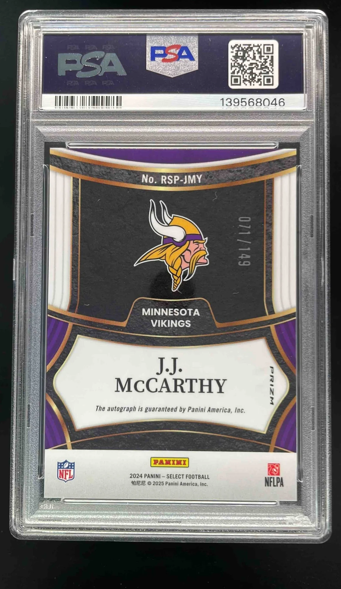 2024 Panini Select Rookie Blue Prizm #RSP-JMY J.J. McCarthy RC Auto /149 PSA 9 - Image 2