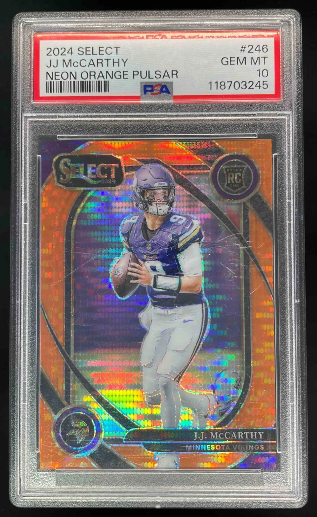 2024 Panini Select Club Neon Orange Pulsar Prizm #246 J.J. McCarthy RC /7 PSA 10