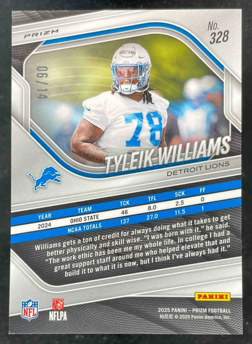 2025 Panini Prizm Choice Blue Prizm #328 Tyleik Williams RC /14 - Image 2