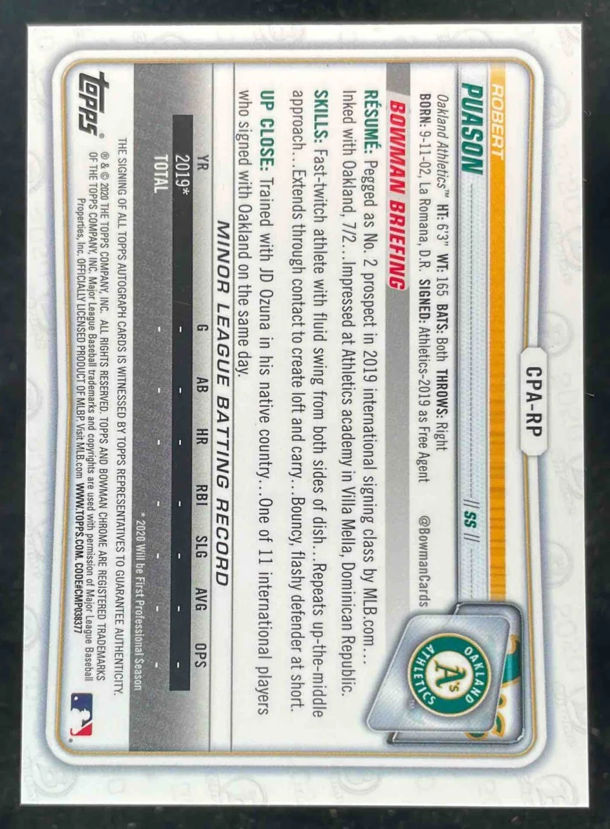 2020 Bowman Chrome Gold Refractor #CPA-RP Robert Puason Autograph Auto /50 - Image 2