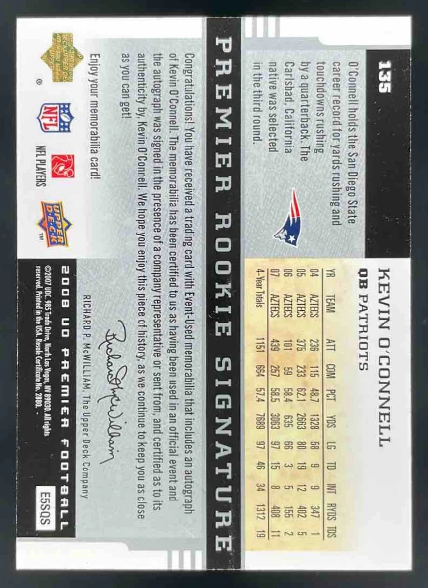 2008 Upper Deck Premier #135 Kevin O'Connell RC Auto /275 - Image 2
