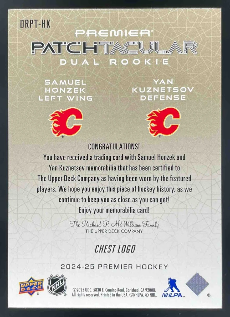 2024 UD Premier Patch Taculars Dual Chest Logo Samuel Honzek Yan Kuznetsov /25 - Image 2
