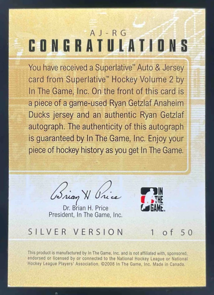 2008 In The Game Superlative Auto Jersey Silver #AJ-RG Ryan Getzlaf /50 - Image 2