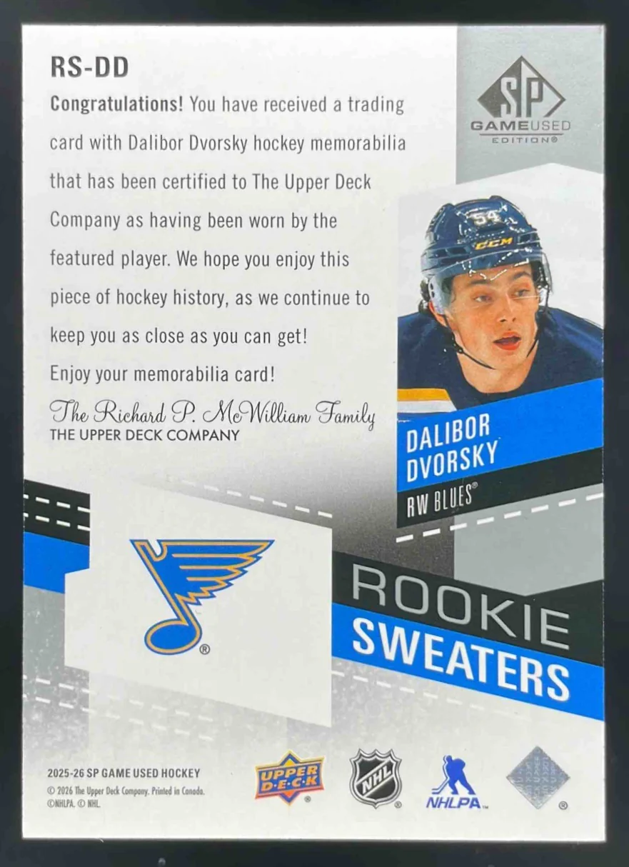 2025-26 Upper Deck SP Game Used Rookie Sweaters #RS-DD Dalibor Dvorsky /299 - Image 2