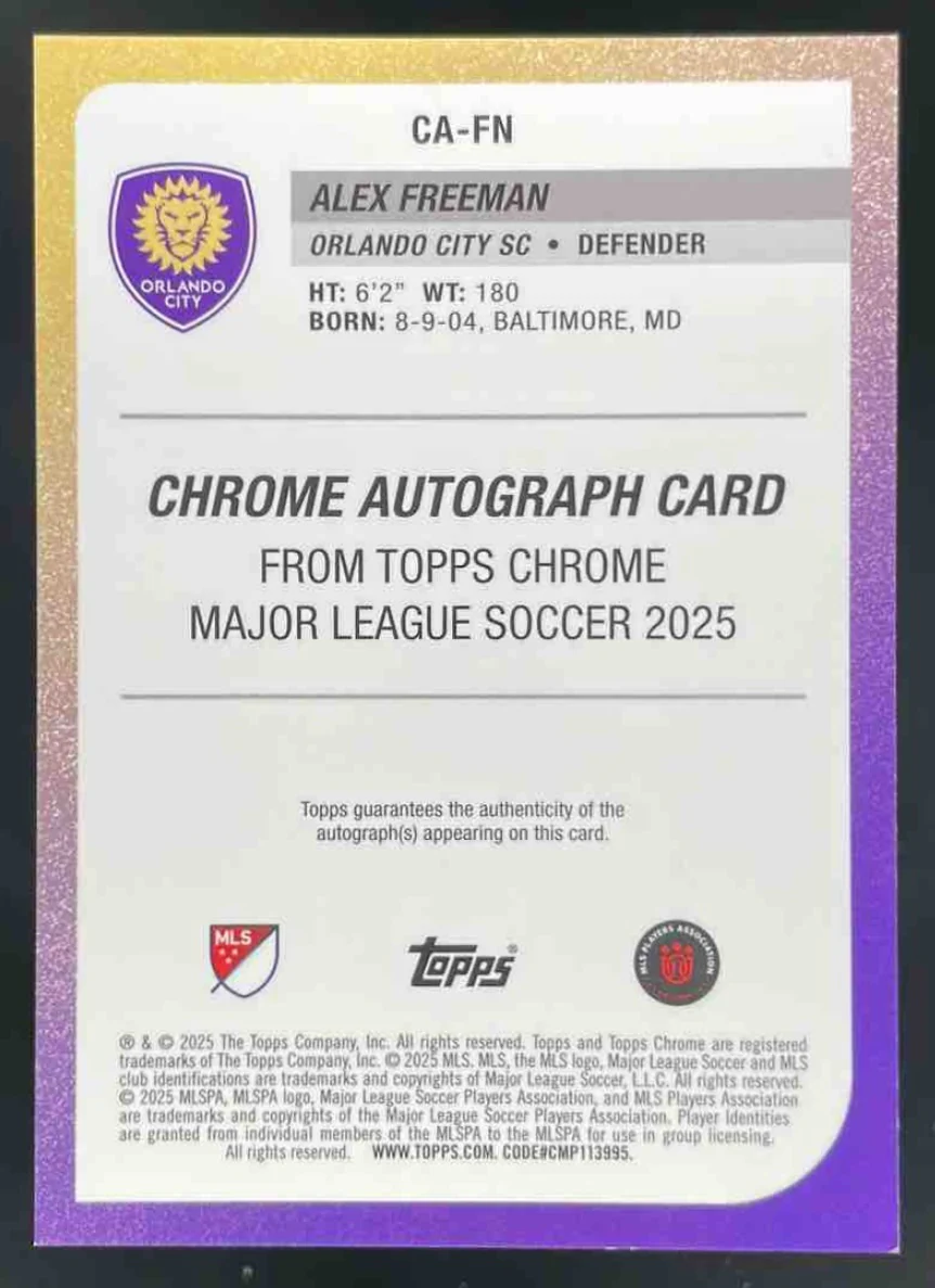 2025 Topps Chrome MLS Chrome Pink X-Fractor #CA-FN Alex Freeman Auto /99 - Image 2